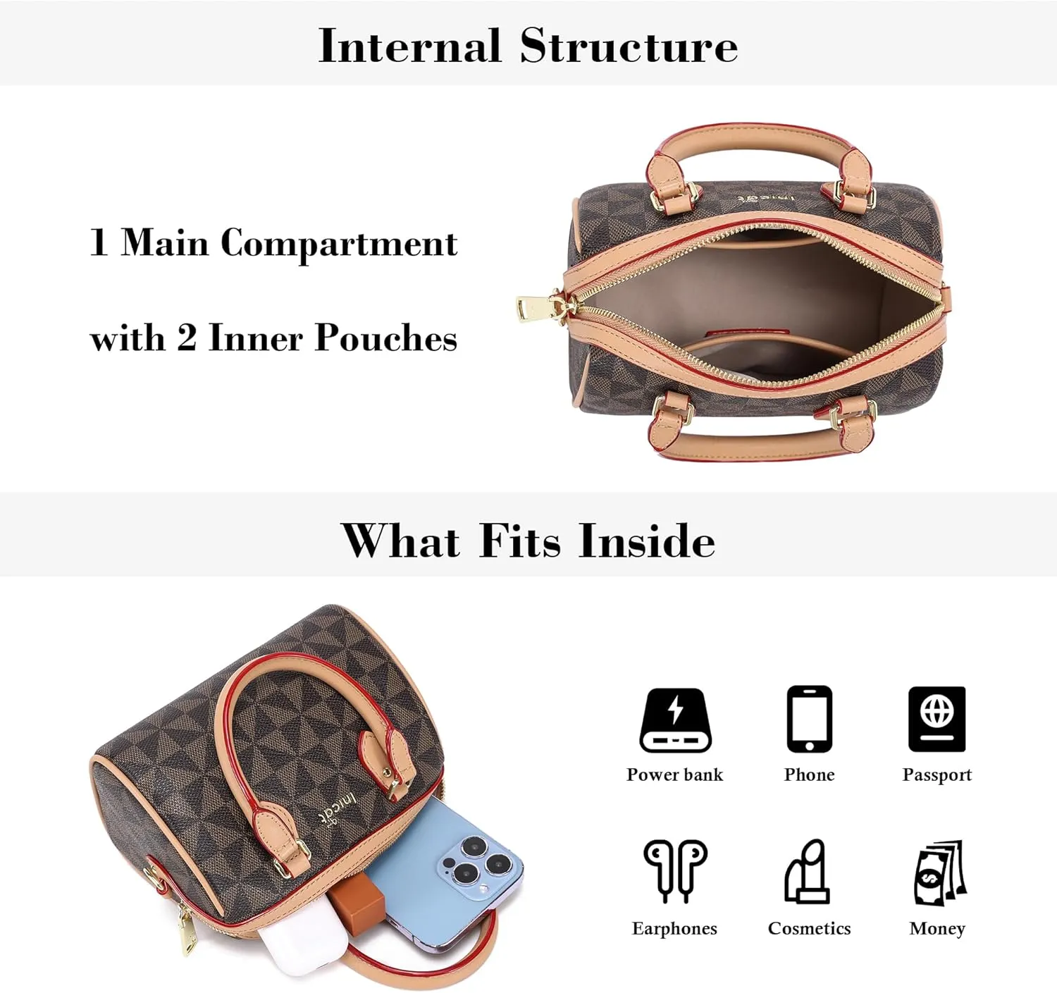 INICAT Mini Purse Small Satchel Top-Handle Handbag Boston Barrel Travel Bags for Women with Detachable Crossbody Strap