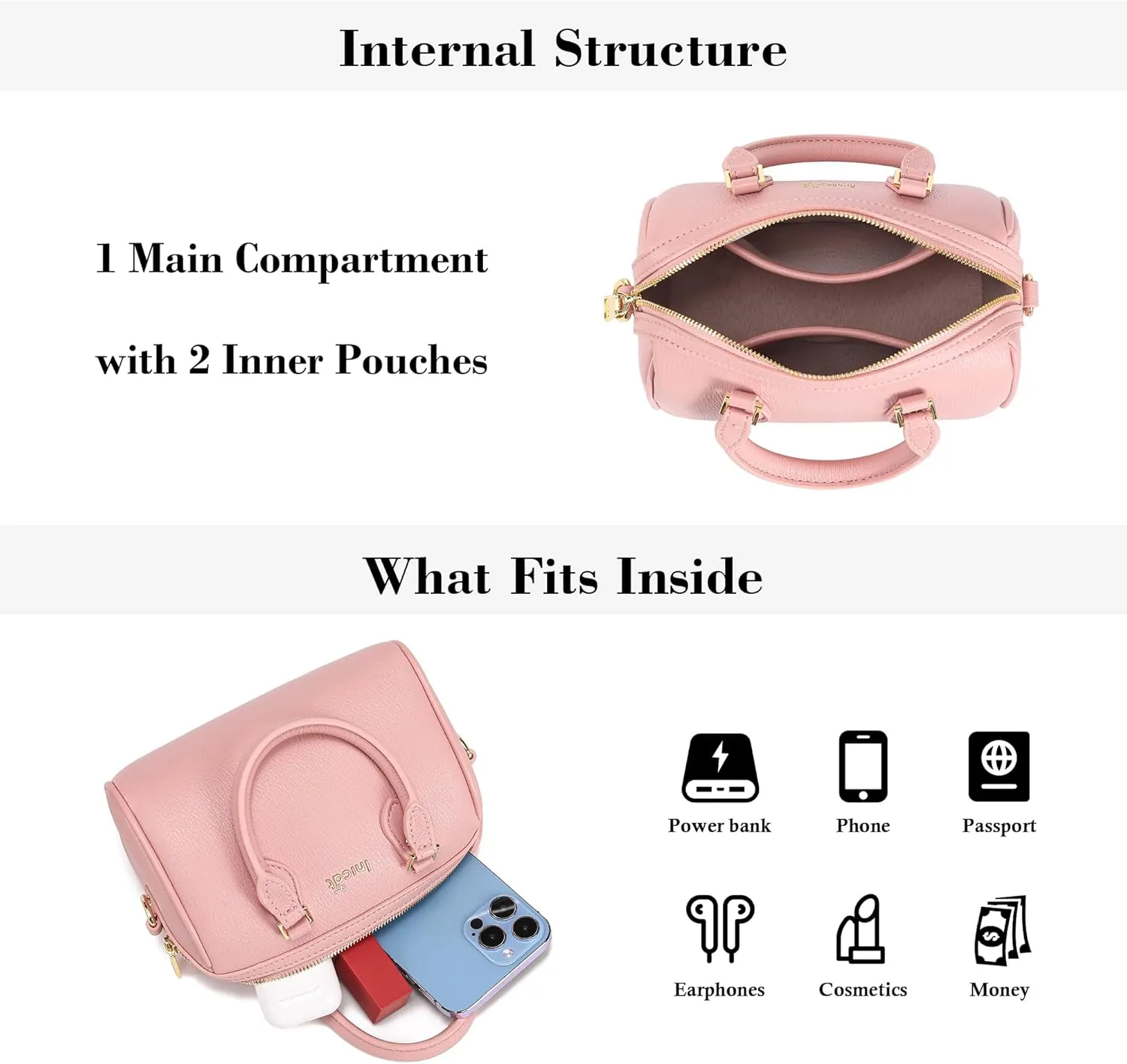 INICAT Mini Purse Small Satchel Top-Handle Handbag Boston Barrel Travel Bags for Women with Detachable Crossbody Strap