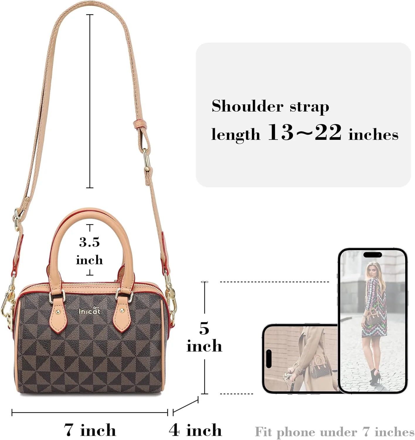 INICAT Mini Purse Small Satchel Top-Handle Handbag Boston Barrel Travel Bags for Women with Detachable Crossbody Strap
