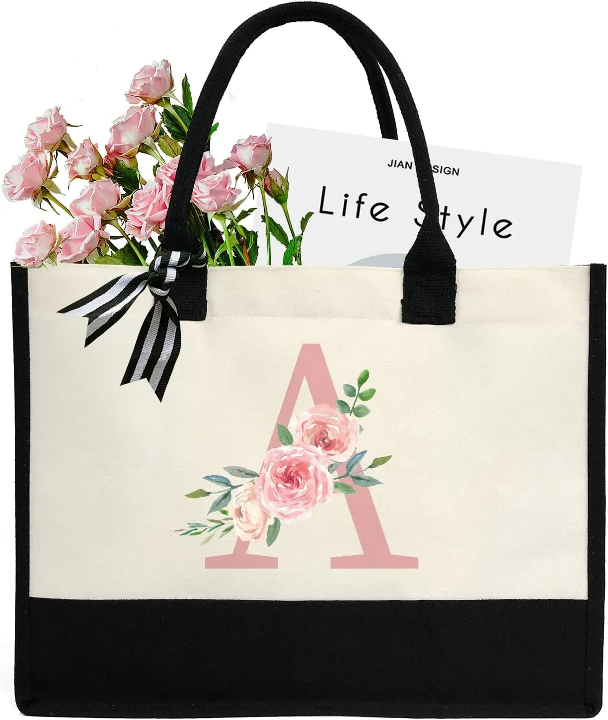Initial Canvas Tote Bag for Women, Beach Bag with Inner Zipper Pocket Personalized Gifts for Wedding, Birthday