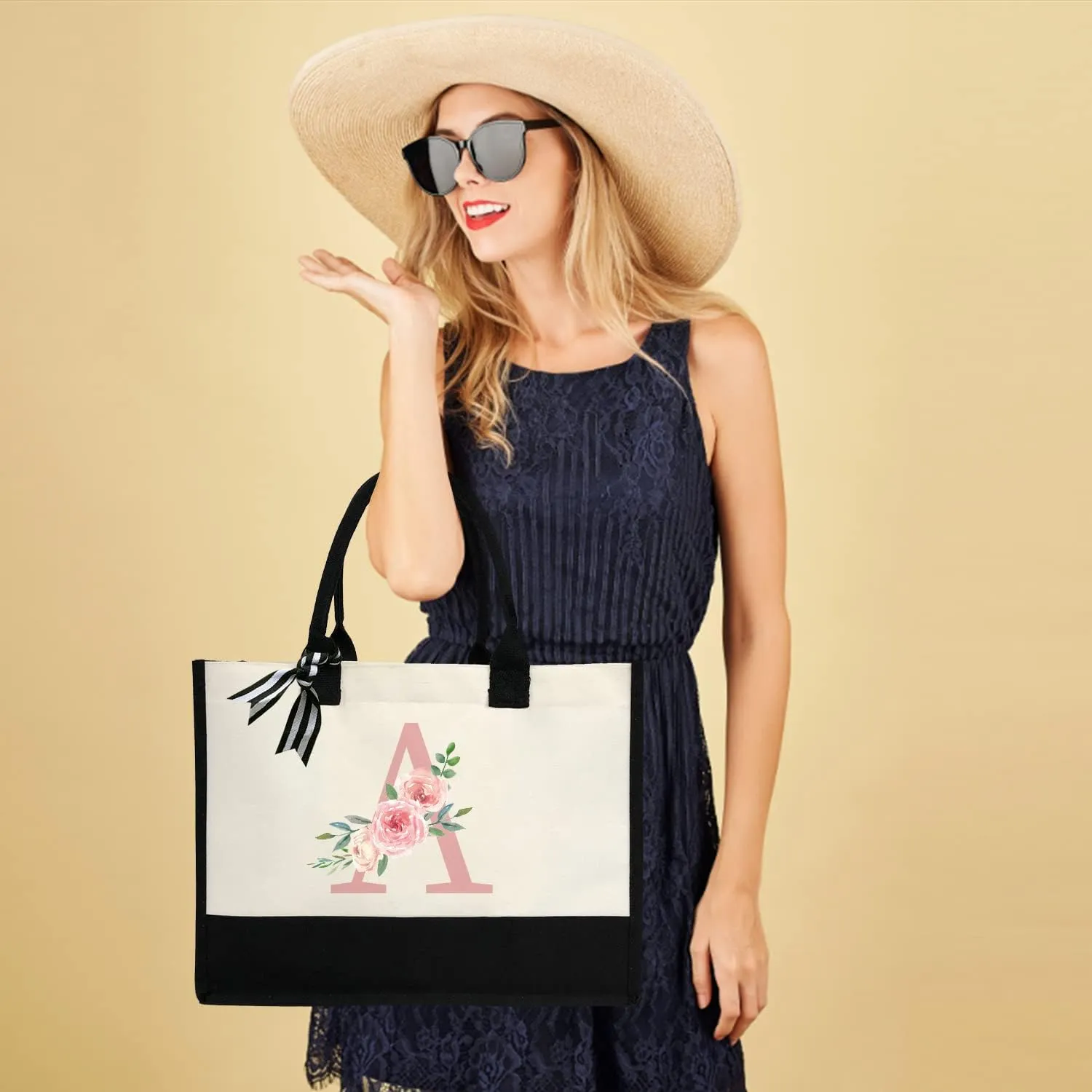 Initial Canvas Tote Bag for Women, Beach Bag with Inner Zipper Pocket Personalized Gifts for Wedding, Birthday