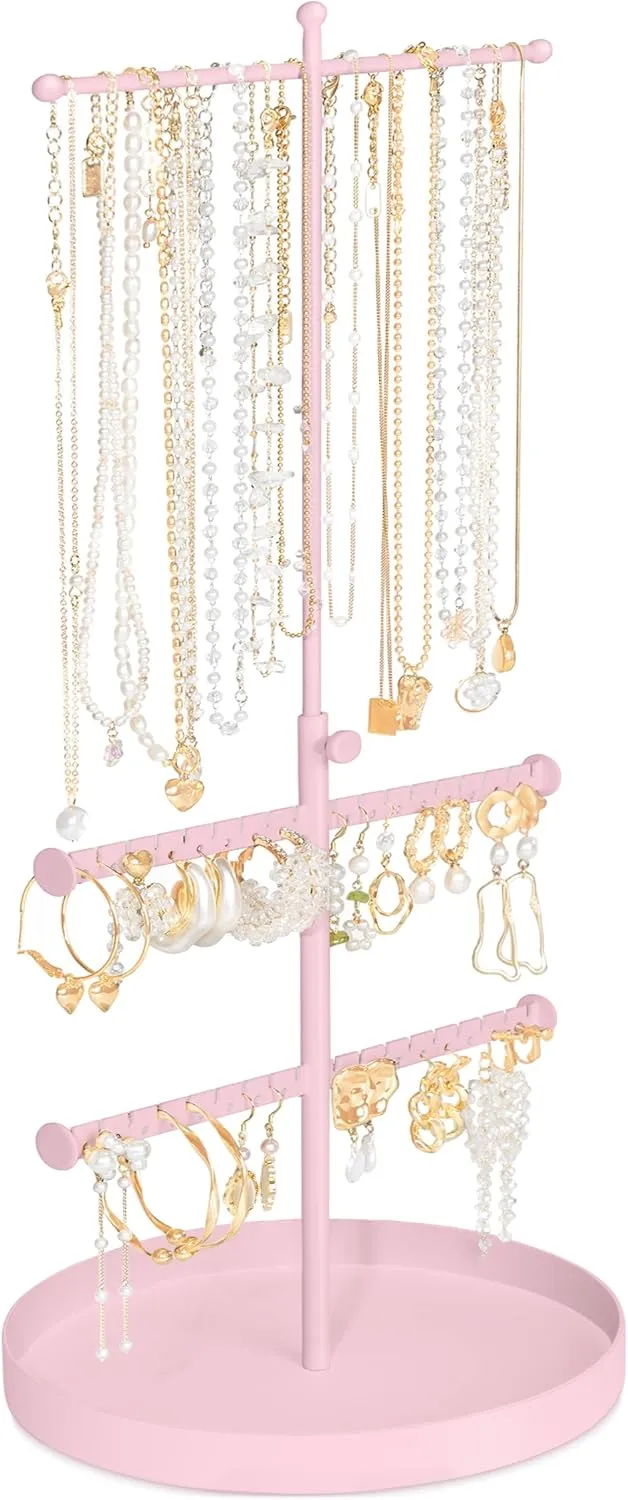 Jenseits Jewelry Holder Organizer Stand, 3 Tier Necklace Organizer Earring Holder Tree, Adjustable Height Jewelry Display Towers, Long Necklaces Bracelets Jewelry Storage Rack Gift For Women, Girls