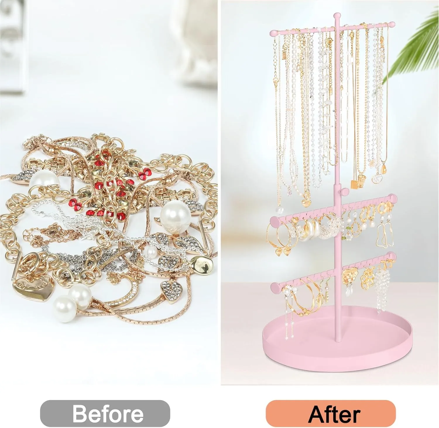 Jenseits Jewelry Holder Organizer Stand, 3 Tier Necklace Organizer Earring Holder Tree, Adjustable Height Jewelry Display Towers, Long Necklaces Bracelets Jewelry Storage Rack Gift For Women, Girls