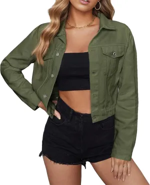 JEsilunmaMY Women's Basic Button Down Jean Jacket Long Sleeve Lapel Stretch Fitted Denim Jacket Vintage Cargo Trucker Coats