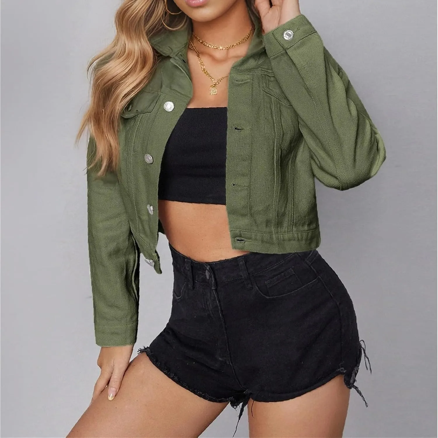 JEsilunmaMY Women's Basic Button Down Jean Jacket Long Sleeve Lapel Stretch Fitted Denim Jacket Vintage Cargo Trucker Coats