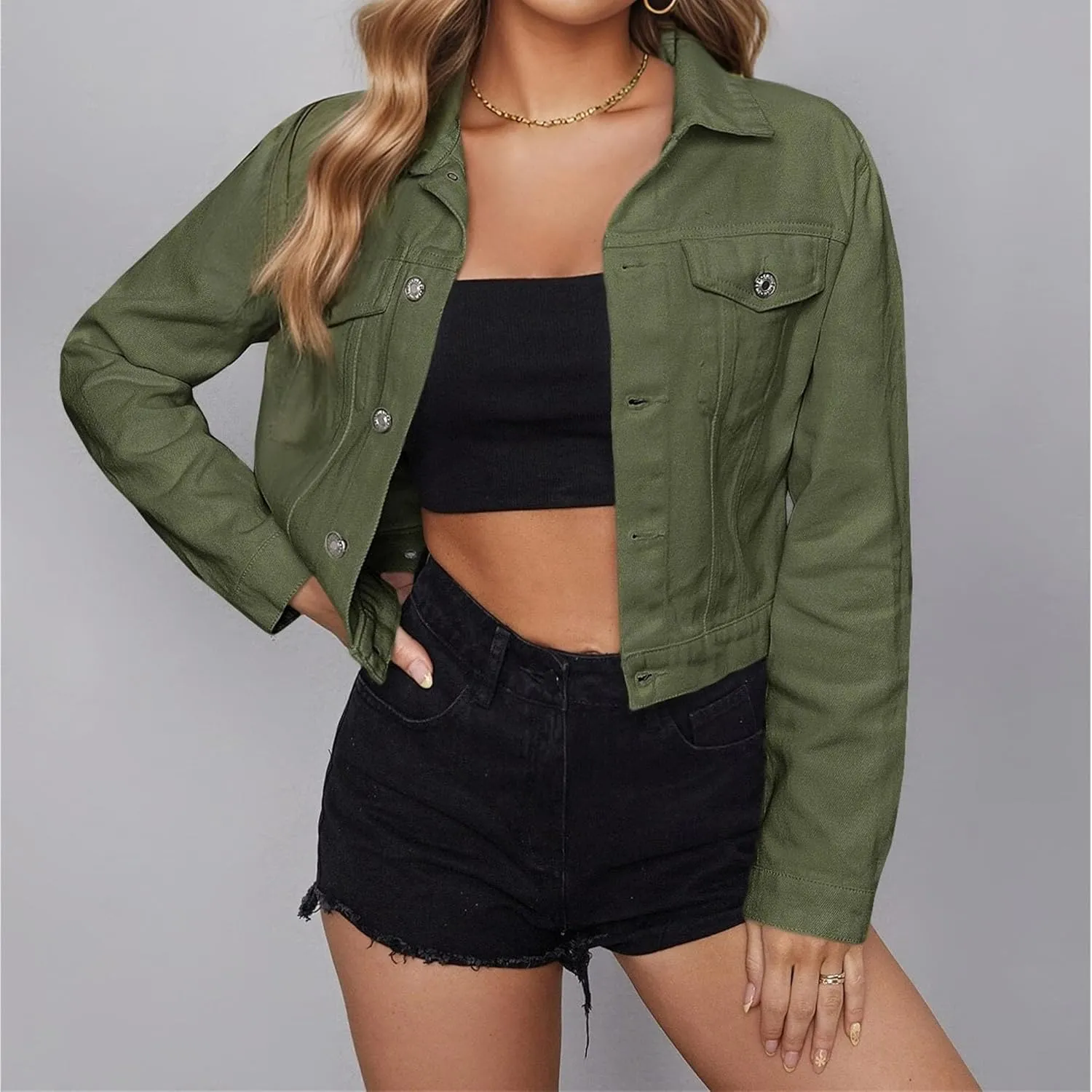 JEsilunmaMY Women's Basic Button Down Jean Jacket Long Sleeve Lapel Stretch Fitted Denim Jacket Vintage Cargo Trucker Coats