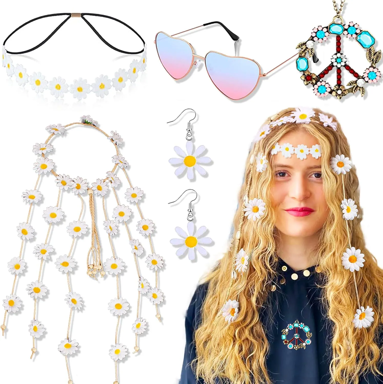 JeVenis Daisy Hippie Costume Accessories for Women Peace Sign Necklace Boho Retro Daisy Headband 60s 70s Hippie Accessories Costume Sunglasses for Club Music Festival Outfit