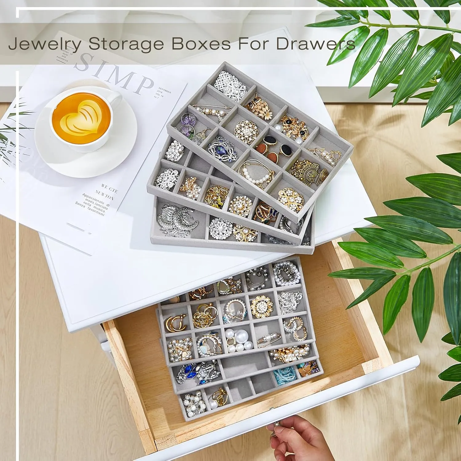 Junkin 12 Pcs Jewelry Tray Velvet Stackable Jewelry Organizer Trays Divided Earring Accessories Storage Containers Box
