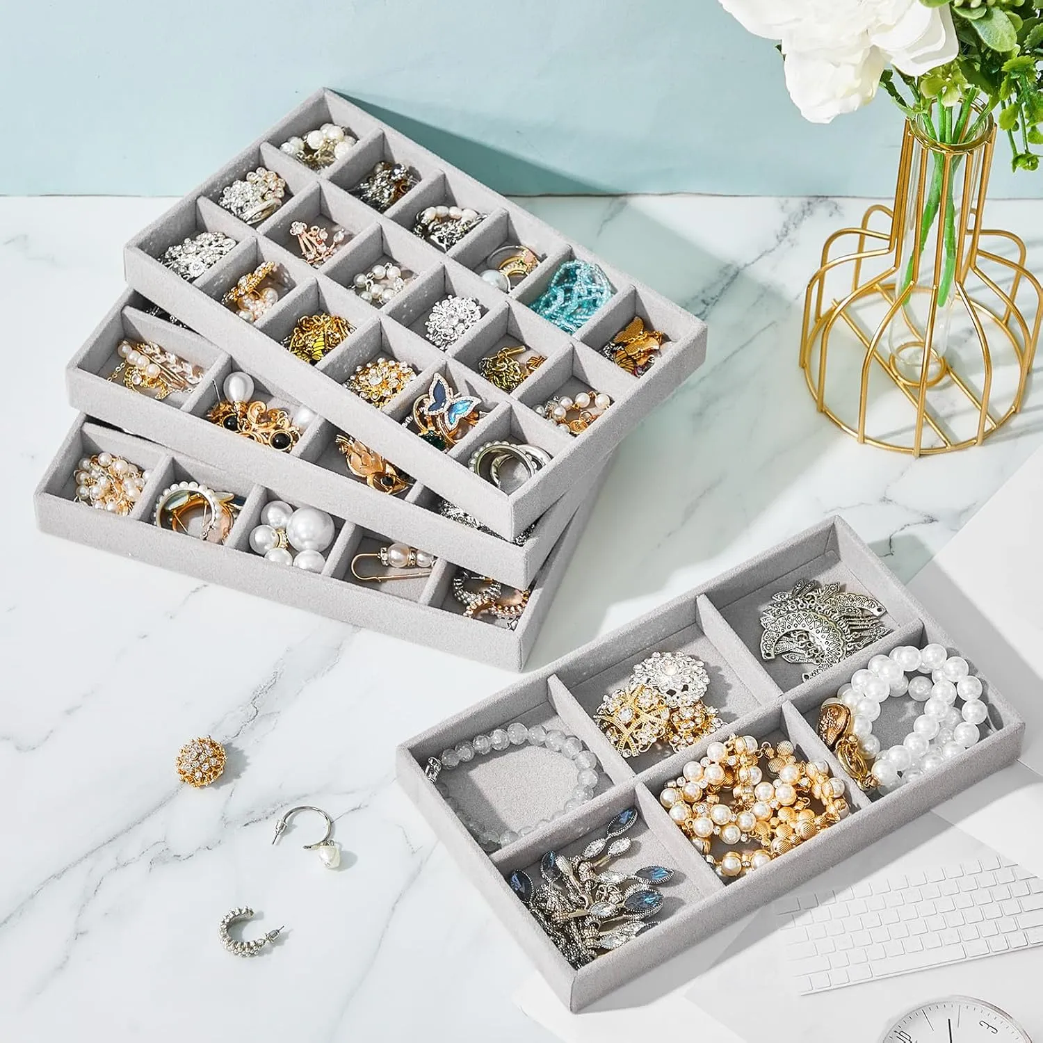 Junkin 12 Pcs Jewelry Tray Velvet Stackable Jewelry Organizer Trays Divided Earring Accessories Storage Containers Box