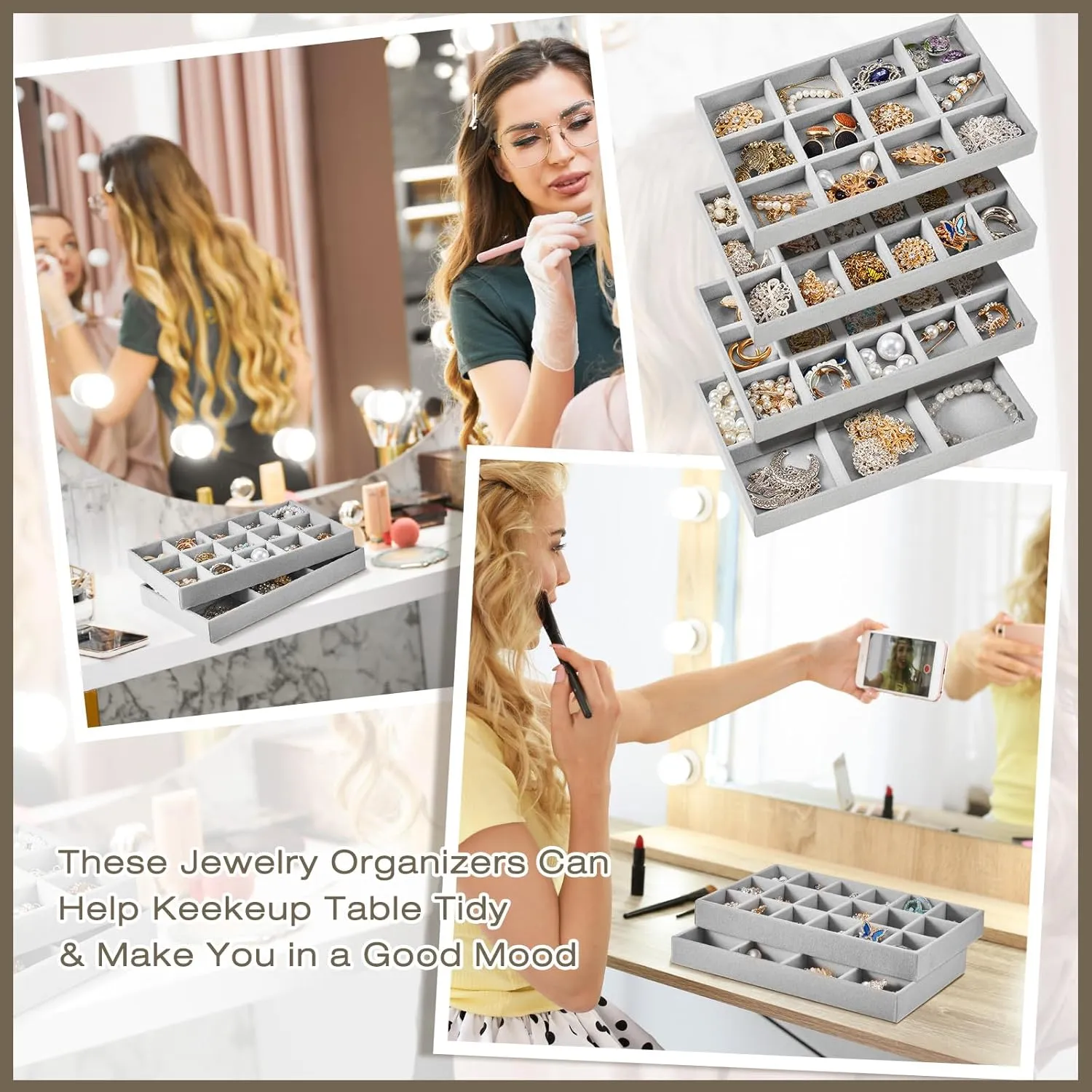 Junkin 12 Pcs Jewelry Tray Velvet Stackable Jewelry Organizer Trays Divided Earring Accessories Storage Containers Box