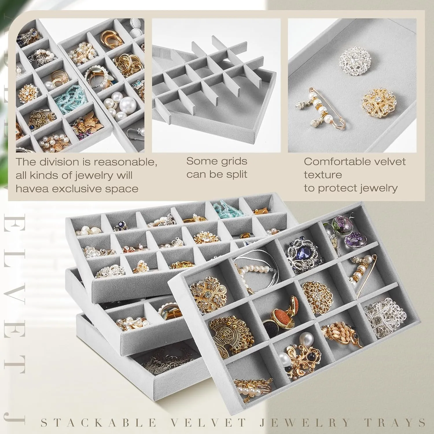 Junkin 12 Pcs Jewelry Tray Velvet Stackable Jewelry Organizer Trays Divided Earring Accessories Storage Containers Box