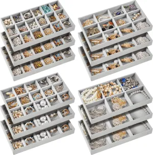 Junkin 12 Pcs Jewelry Tray Velvet Stackable Jewelry Organizer Trays Divided Earring Accessories Storage Containers Box