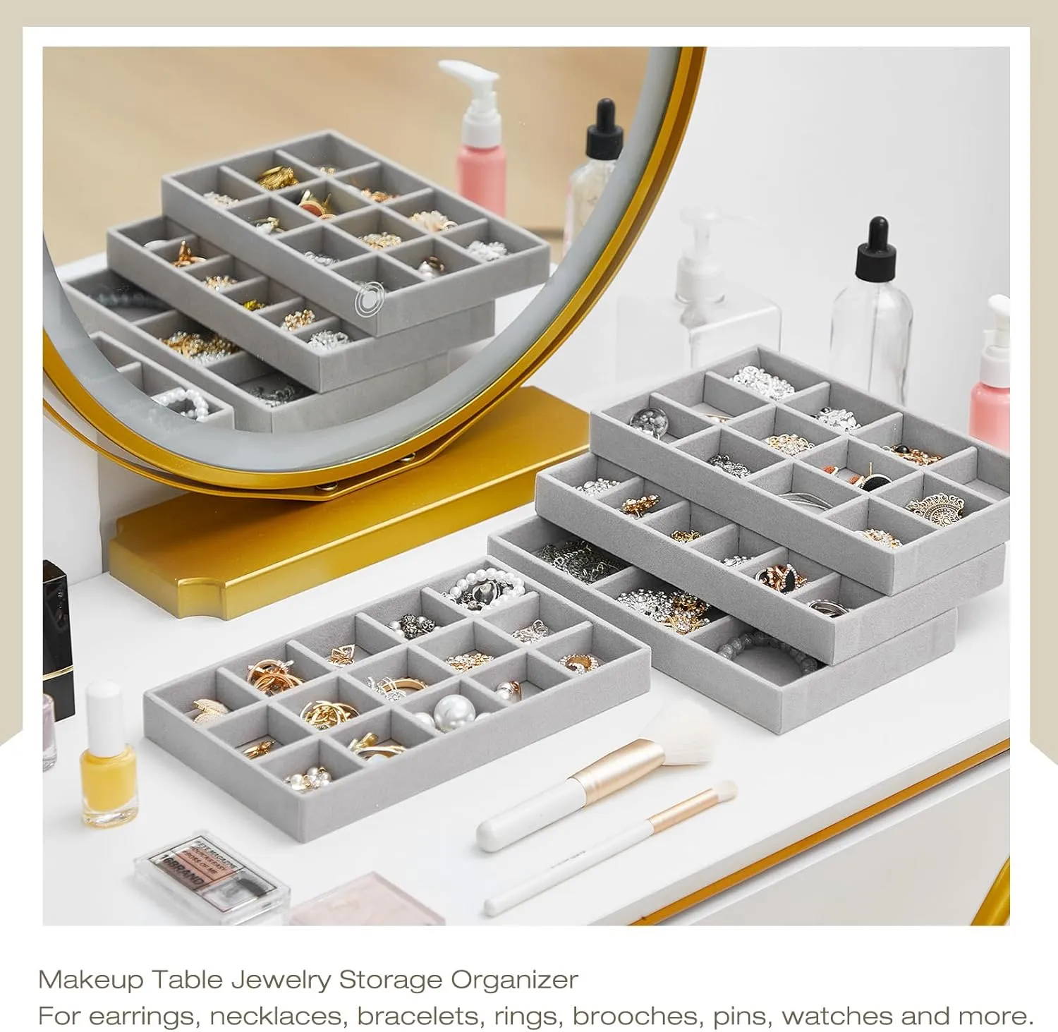 Junkin 12 Pcs Jewelry Tray Velvet Stackable Jewelry Organizer Trays Divided Earring Accessories Storage Containers Box