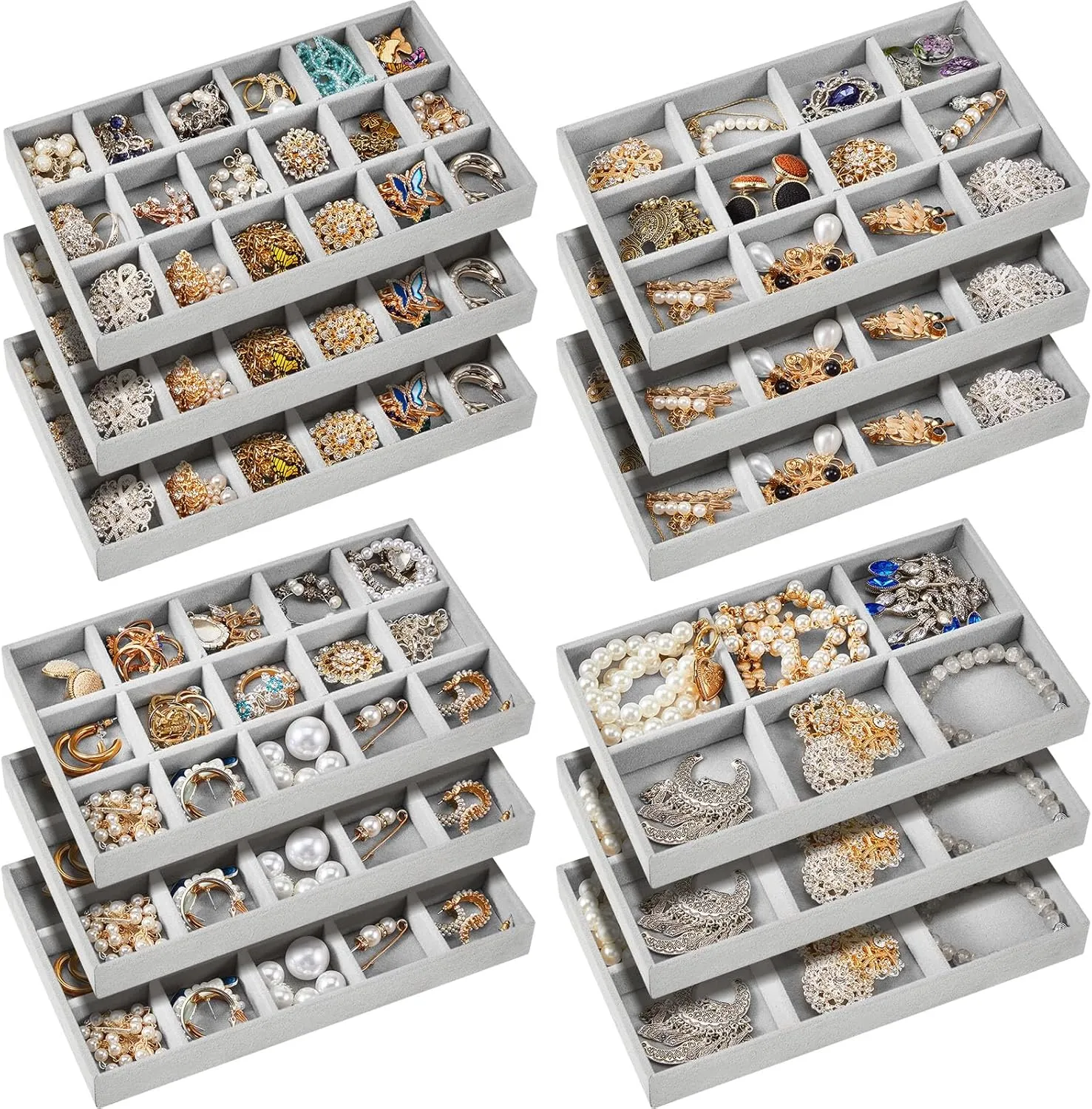 Junkin 12 Pcs Jewelry Tray Velvet Stackable Jewelry Organizer Trays Divided Earring Accessories Storage Containers Box