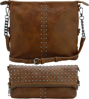 K&Bo Stevie Womens Studded Chain Crossbody Handbag Purse, Rocker Chic Boho Medium, Converts to Clutch Bag, Lightweight