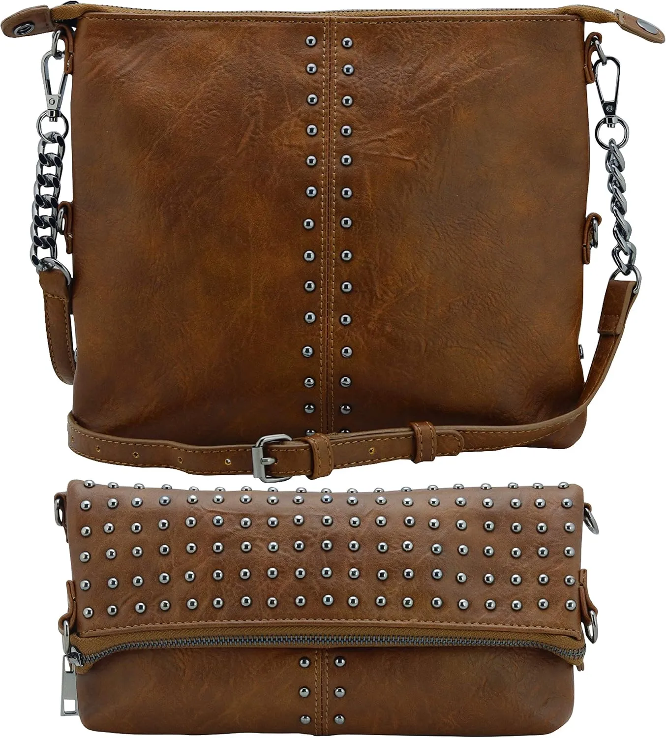 K&Bo Stevie Womens Studded Chain Crossbody Handbag Purse, Rocker Chic Boho Medium, Converts to Clutch Bag, Lightweight