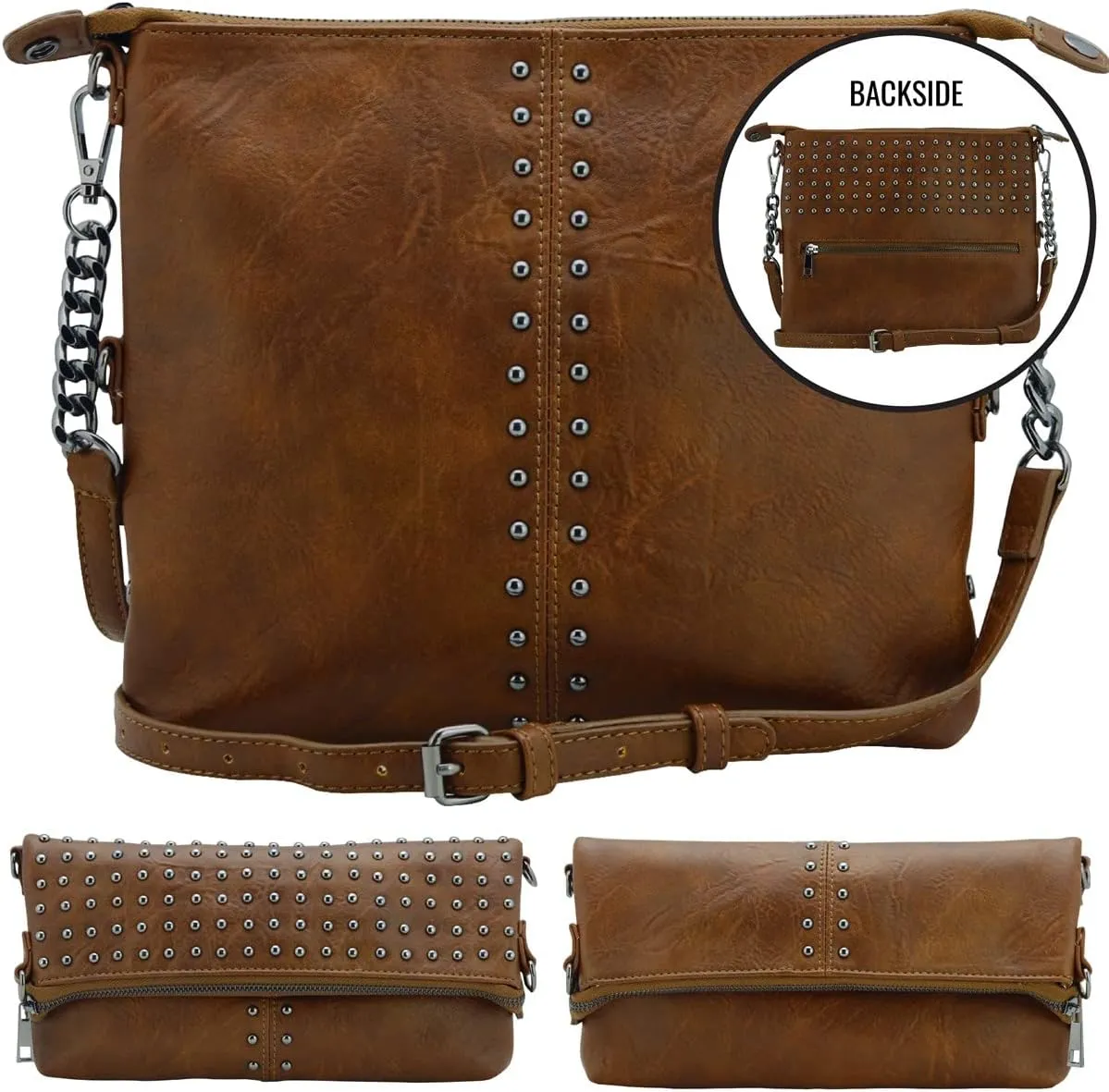 K&Bo Stevie Womens Studded Chain Crossbody Handbag Purse, Rocker Chic Boho Medium, Converts to Clutch Bag, Lightweight