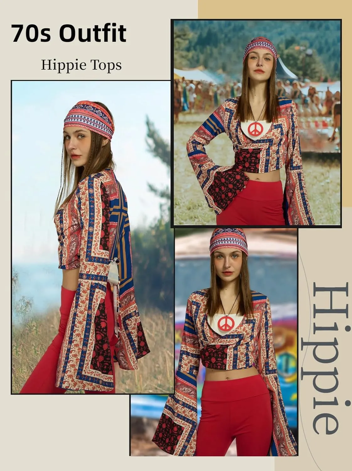 kasahara 70s Hippie Clothes for Women Hippie Costume Boho Tops Blouse Outfit With Sunglasses Headband Accessories
