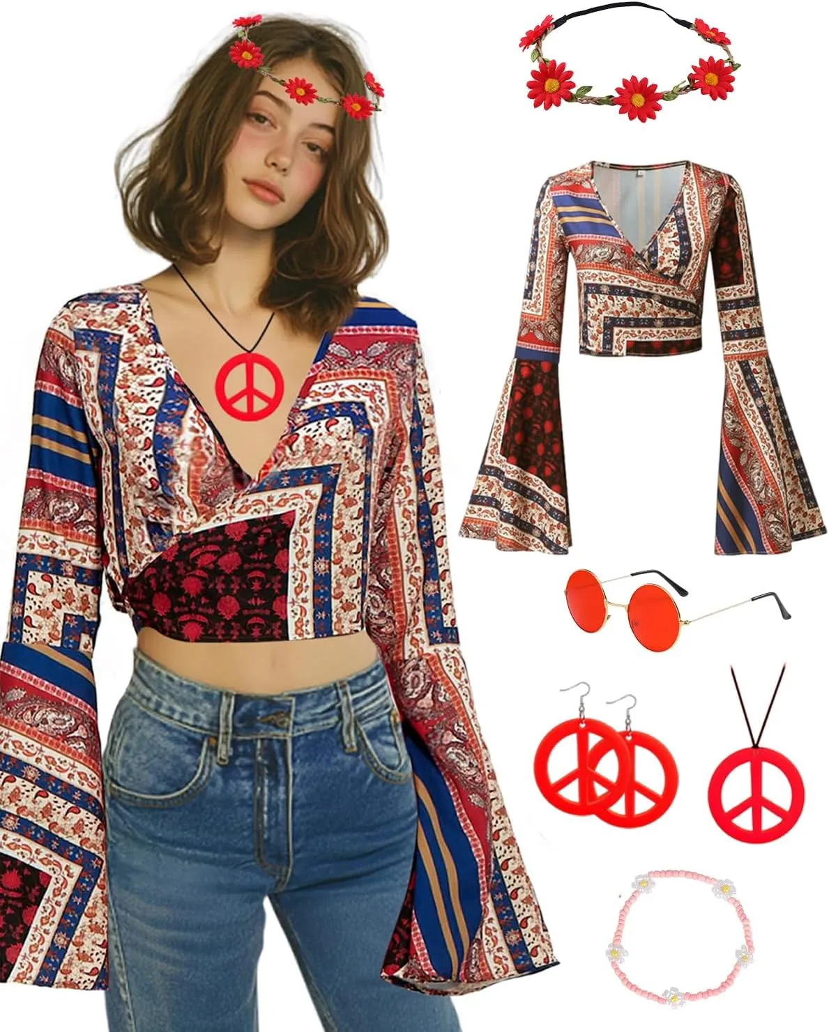 kasahara 70s Hippie Clothes for Women Hippie Costume Boho Tops Blouse Outfit With Sunglasses Headband Accessories