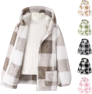 Kids Winter Warm Plush Coat Trendy Plaid Jackets Zip Up Hoodie Boy Girls' Clothing Fleece Hooded Outwear