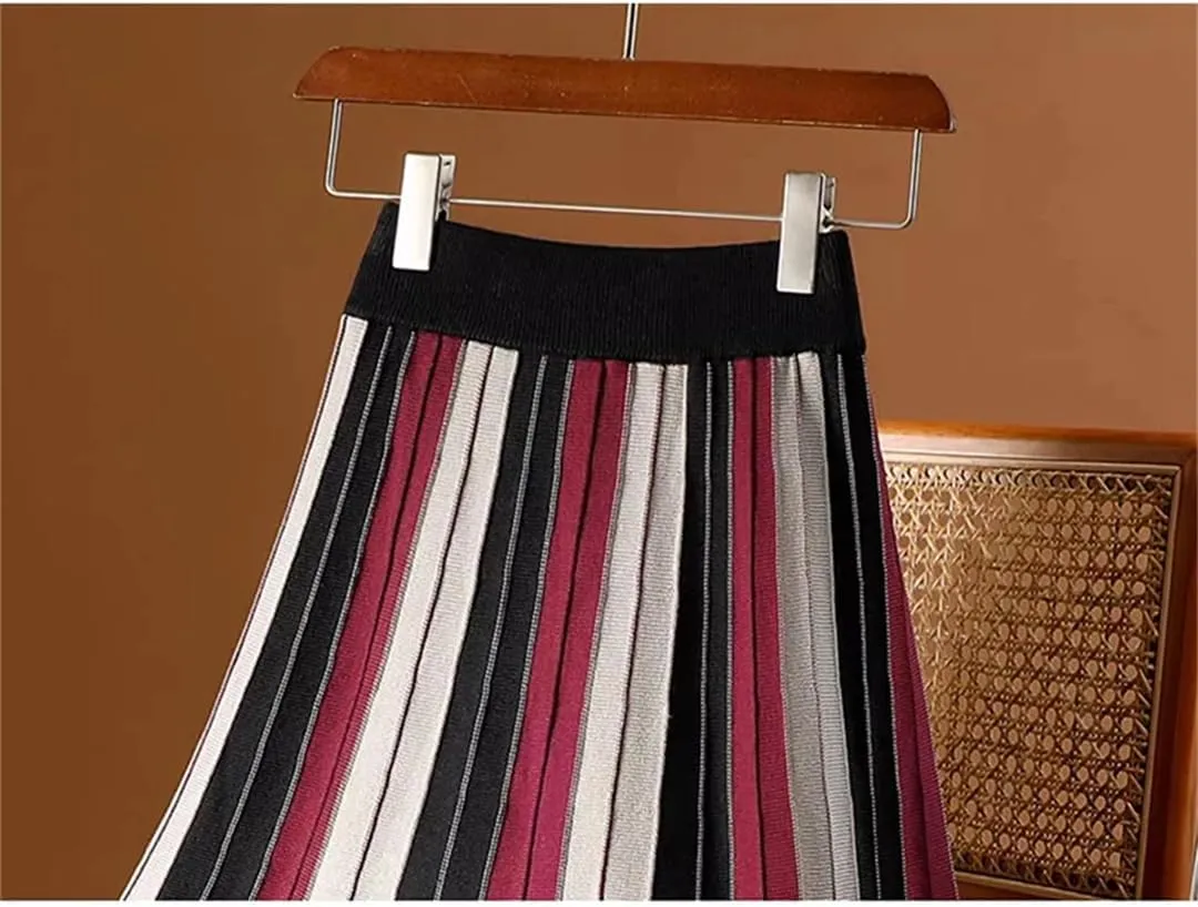 Knitted Long Skirt for Women Fall Winter Contrast Striped A Line High Waist Pleated Midi Skirt