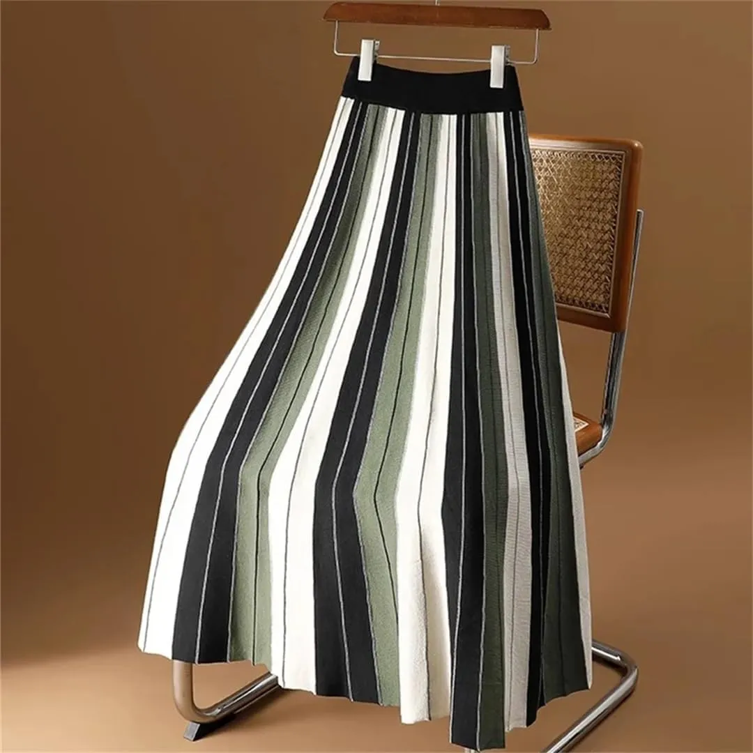 Knitted Long Skirt for Women Fall Winter Contrast Striped A Line High Waist Pleated Midi Skirt