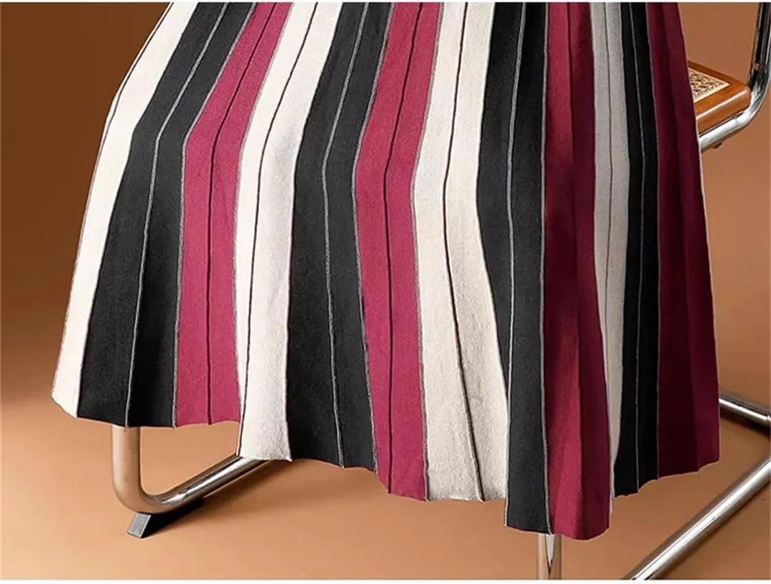 Knitted Long Skirt for Women Fall Winter Contrast Striped A Line High Waist Pleated Midi Skirt