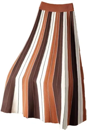 Knitted Long Skirt for Women Fall Winter Contrast Striped A Line High Waist Pleated Midi Skirt