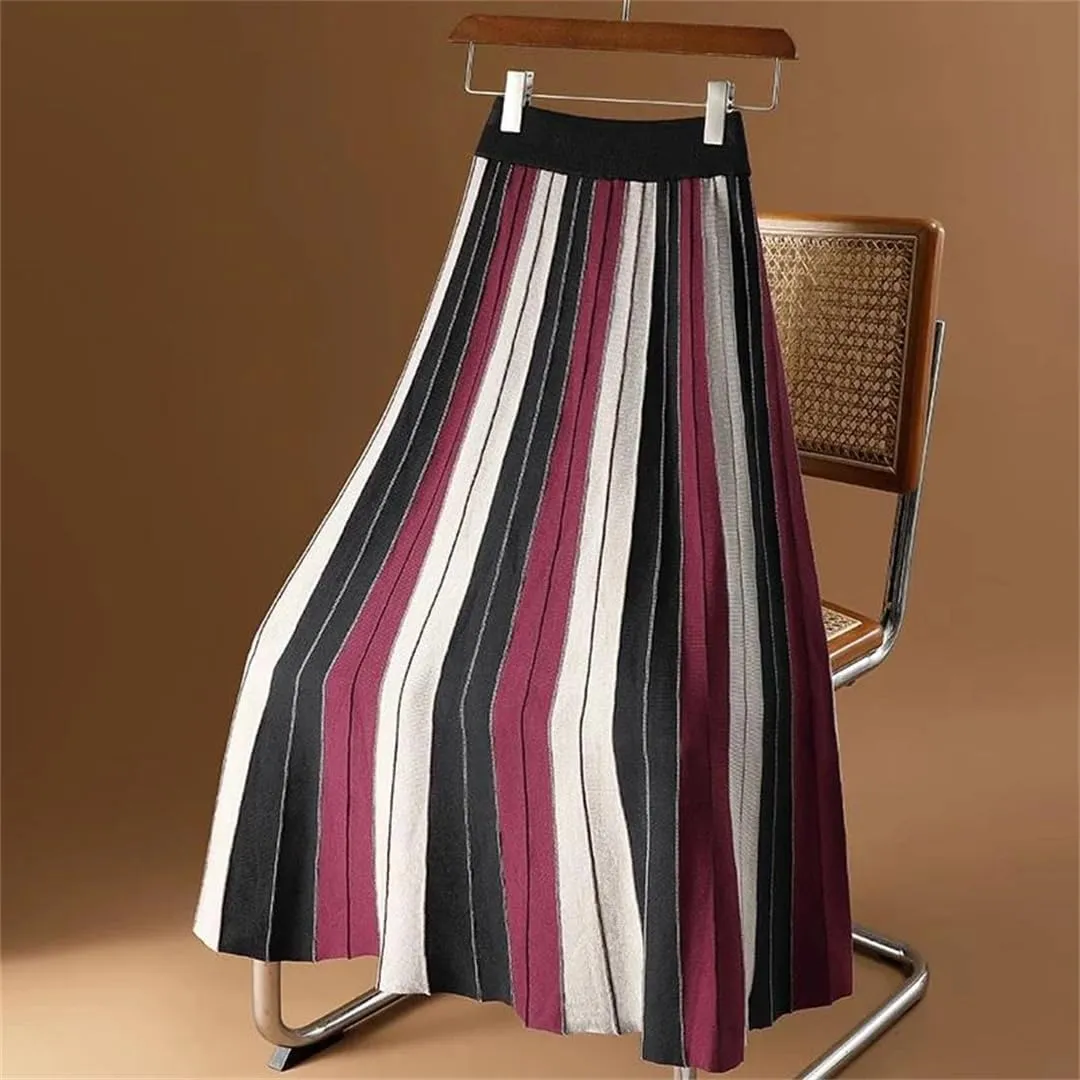 Knitted Long Skirt for Women Fall Winter Contrast Striped A Line High Waist Pleated Midi Skirt