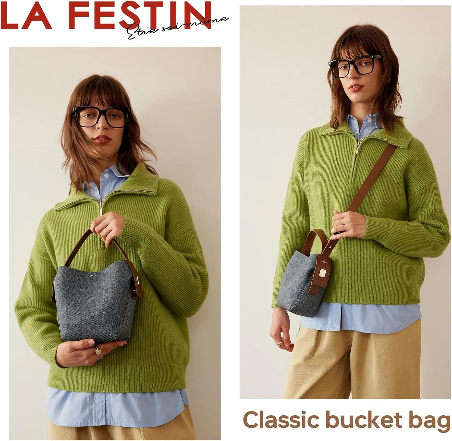 LA FESTIN Leather Bucket Bags for Women - Adjustable Long Strap Designer Crossbody Handbags, Shoulder Purse for Everyday Use
