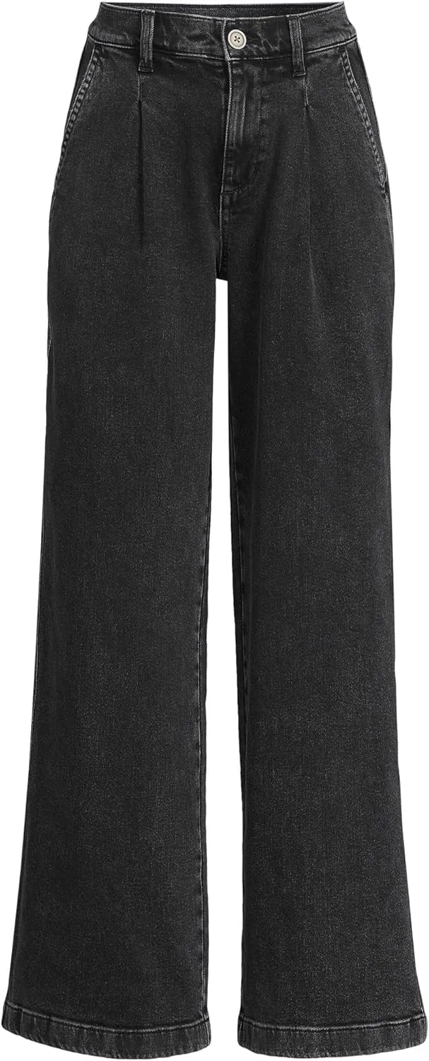 Lands' End Women's High Rise Soft Denim Pleated Wide Leg Trousers