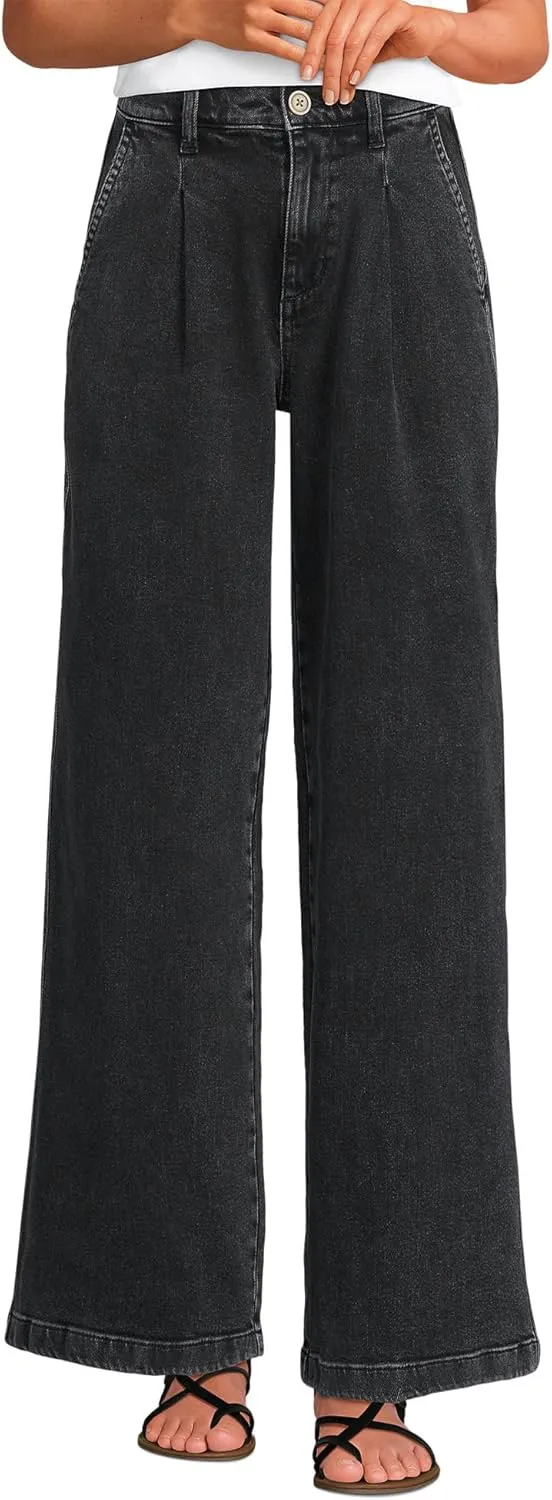 Lands' End Women's High Rise Soft Denim Pleated Wide Leg Trousers
