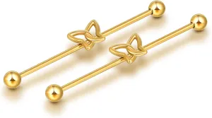 Lantine Butterfly Industrial Piercing Jewelry Golden Surgical Steel 16G/14G 38mm Industrial Barbell Earrings Bar Piercing Jewelry
