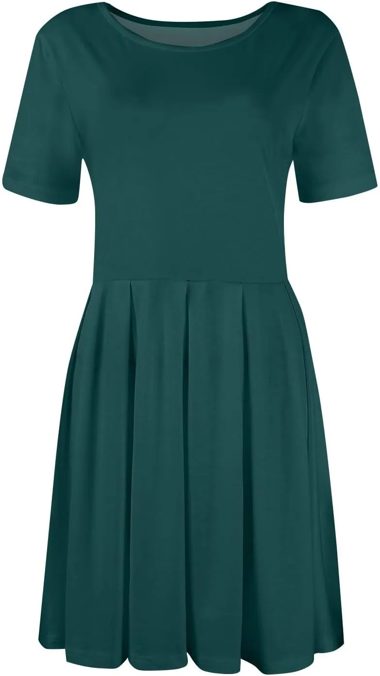lcyhony Midi Dresses for Women Casual Summer Short Sleeve Crewneck Pleated Tshirt Dress Y2k Vacation Beach Dress with Pockets
