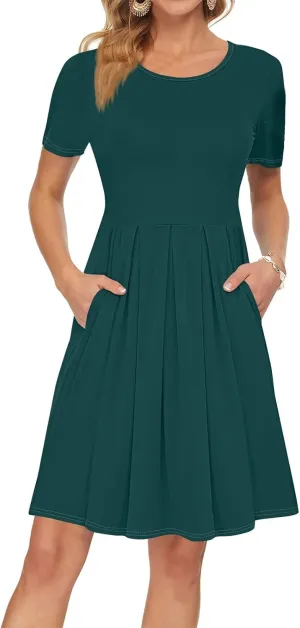 lcyhony Midi Dresses for Women Casual Summer Short Sleeve Crewneck Pleated Tshirt Dress Y2k Vacation Beach Dress with Pockets