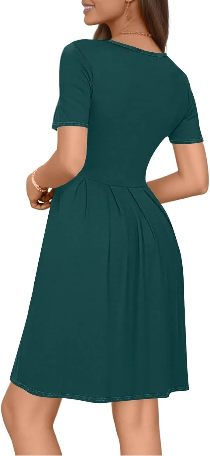 lcyhony Midi Dresses for Women Casual Summer Short Sleeve Crewneck Pleated Tshirt Dress Y2k Vacation Beach Dress with Pockets