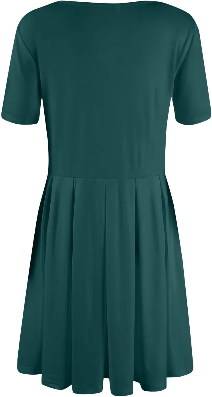 lcyhony Midi Dresses for Women Casual Summer Short Sleeve Crewneck Pleated Tshirt Dress Y2k Vacation Beach Dress with Pockets