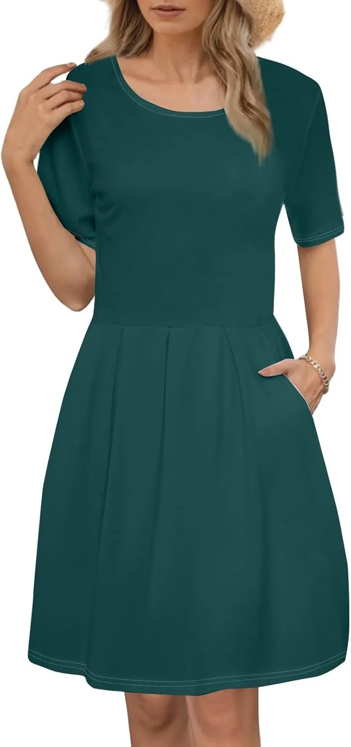 lcyhony Midi Dresses for Women Casual Summer Short Sleeve Crewneck Pleated Tshirt Dress Y2k Vacation Beach Dress with Pockets