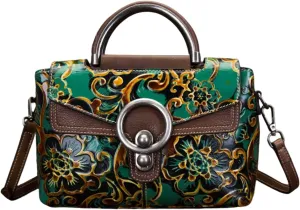 Leather Handbag for Women - Vintage Floral Embossed Multi-Way Crossbody, Shoulder Bag, Satchel with Adjustable Strap