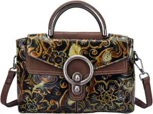 Leather Handbag for Women - Vintage Floral Embossed Multi-Way Crossbody, Shoulder Bag, Satchel with Adjustable Strap
