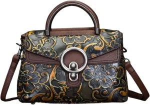 Leather Handbag for Women - Vintage Floral Embossed Multi-Way Crossbody, Shoulder Bag, Satchel with Adjustable Strap