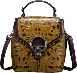Leather Handbag for Women - Vintage Floral Embossed Multi-Way Crossbody, Shoulder Bag, Satchel with Adjustable Strap