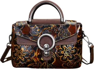 Leather Handbag for Women - Vintage Floral Embossed Multi-Way Crossbody, Shoulder Bag, Satchel with Adjustable Strap