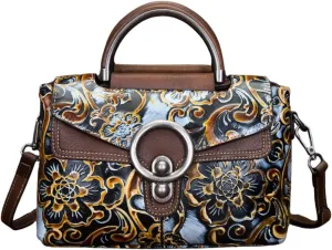 Leather Handbag for Women - Vintage Floral Embossed Multi-Way Crossbody, Shoulder Bag, Satchel with Adjustable Strap