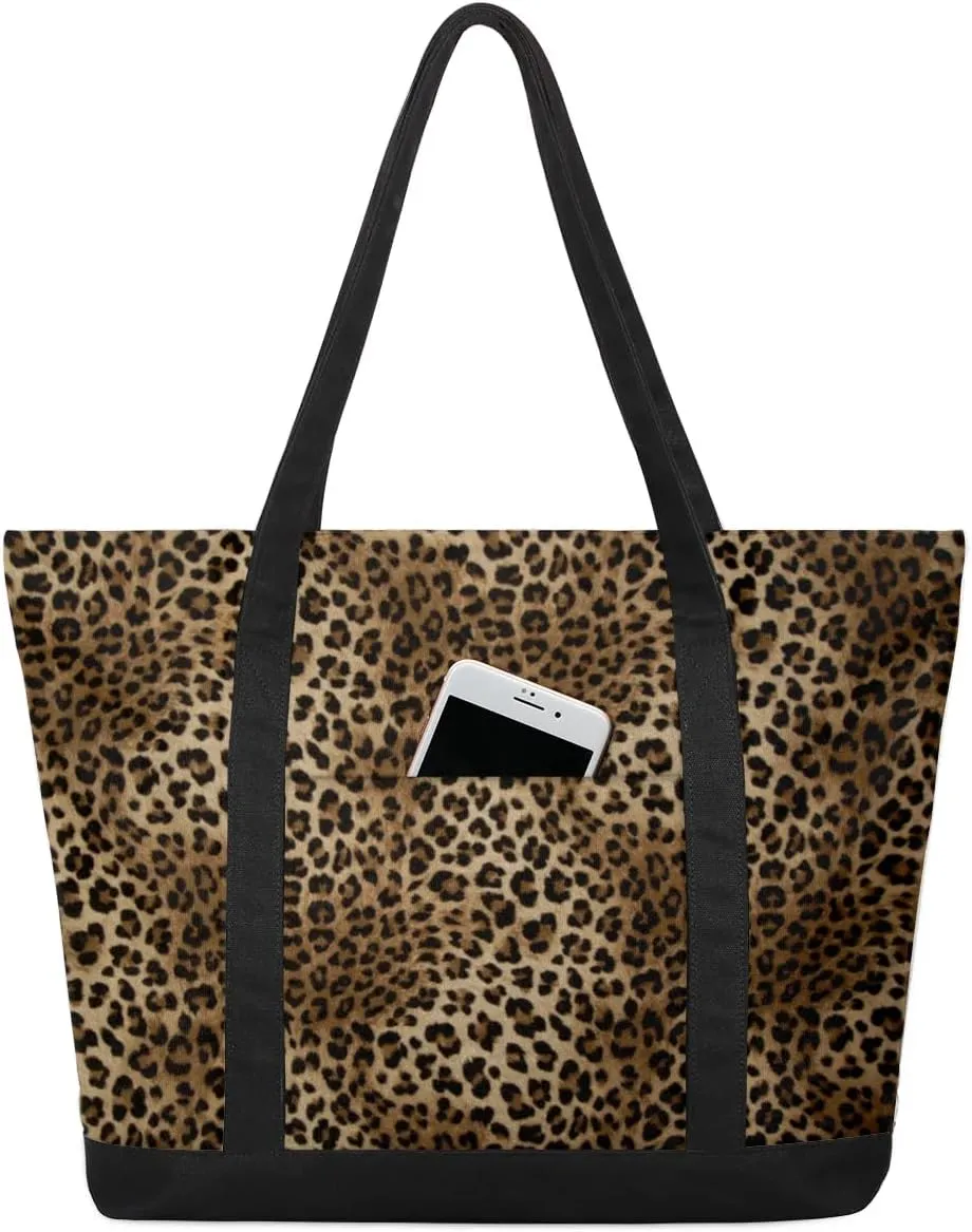 Leopard Printed Tote Bag for Women Work Canvas Travel Tote Bags with Zipper Large Capacity Casual Handbag with Inner Pockets Reusable Shopping Shoulder Bag for Teacher Nurse