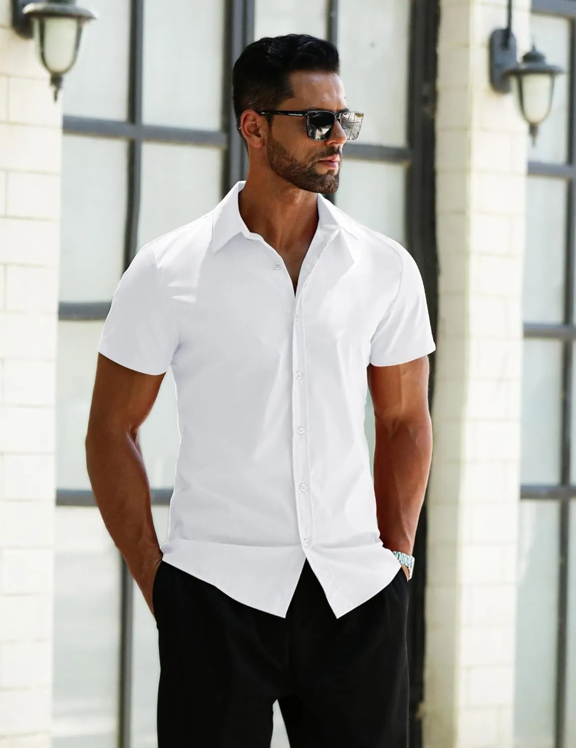 LETSEE Mens Short Sleeve Dress Shirts Slim Fit Shirts for Men Business Casual Button Up Shirts