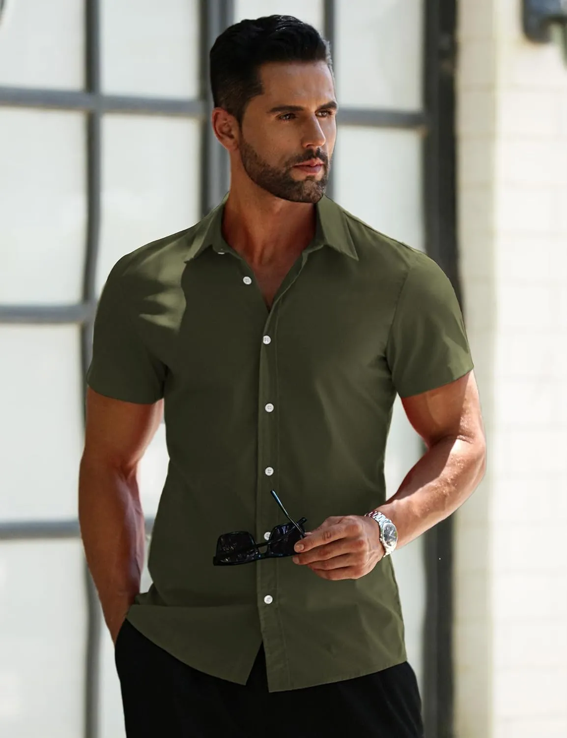 LETSEE Mens Short Sleeve Dress Shirts Slim Fit Shirts for Men Business Casual Button Up Shirts