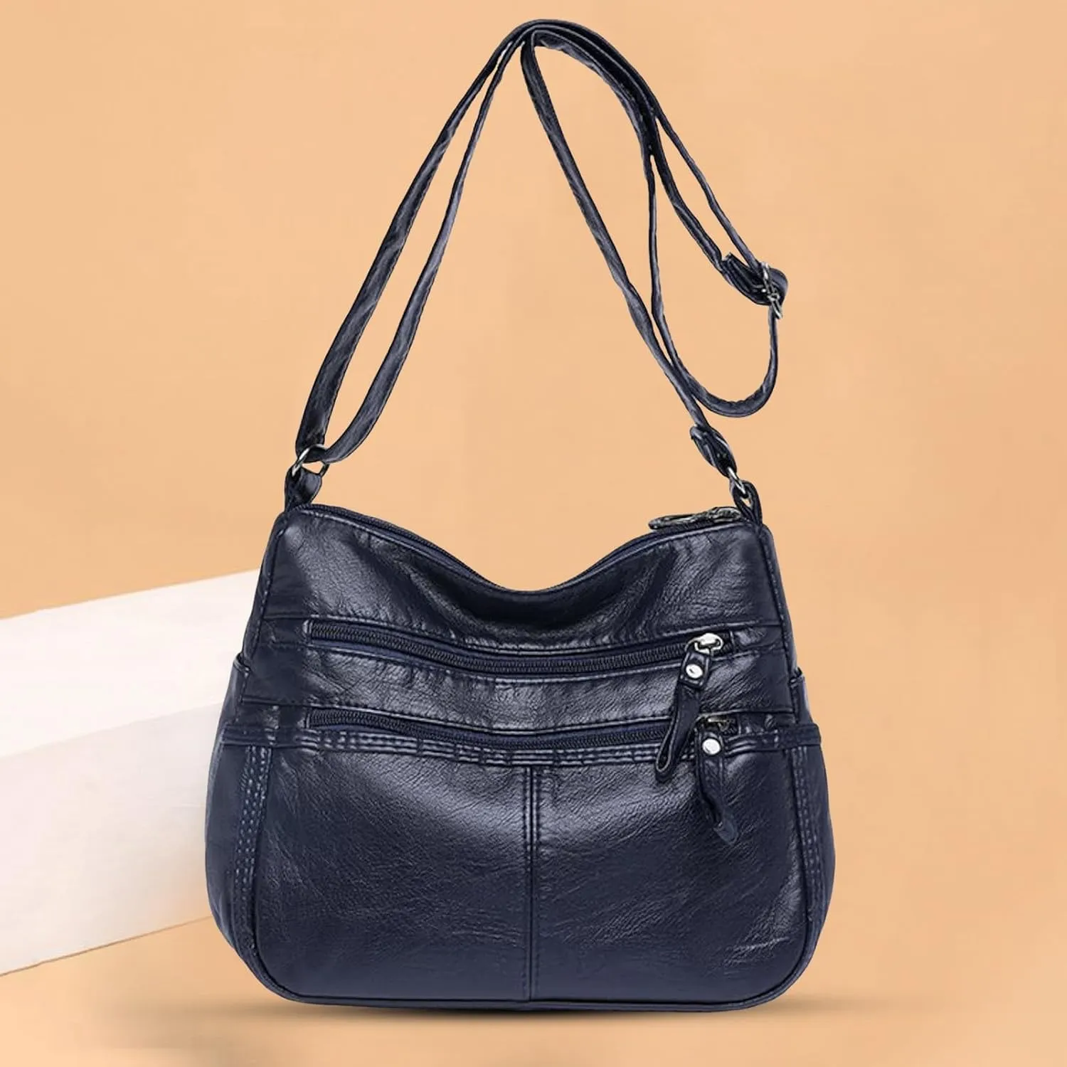 Lightweight 3 Compartment Faux Leather Medium Hobo Bag Hobo, Silver