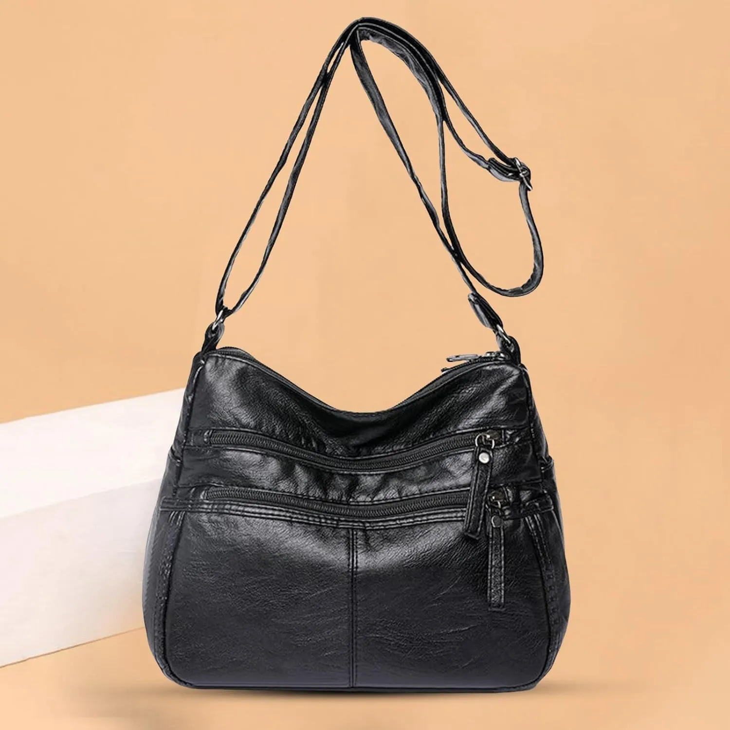 Lightweight 3 Compartment Faux Leather Medium Hobo Bag Hobo, Silver