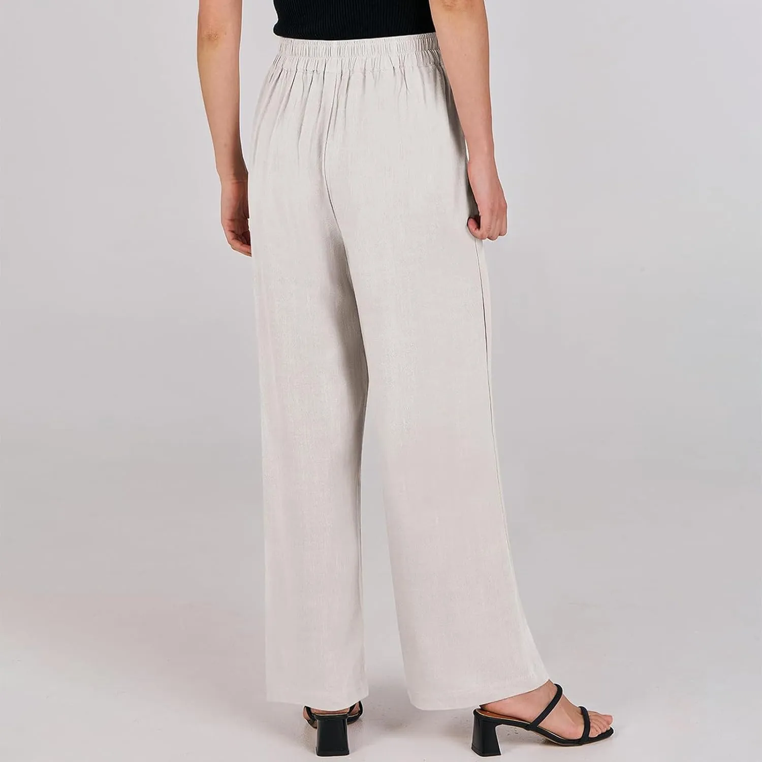 Linen Work Pants for Women High Waisted Dress Pants Casual Lightweight Elastic Waist Wide Leg Trousers with Pockets